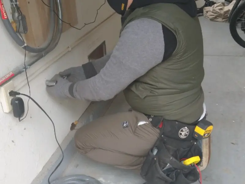 Electrician performing outlet wiring in a Rice Lake garage